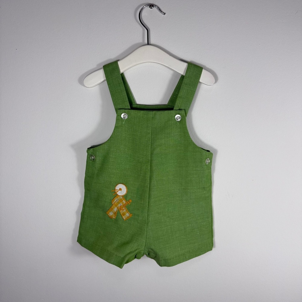 Vintage Green Linen Shortall Embroidered Gingham Musician Baby Romper Mens 12M